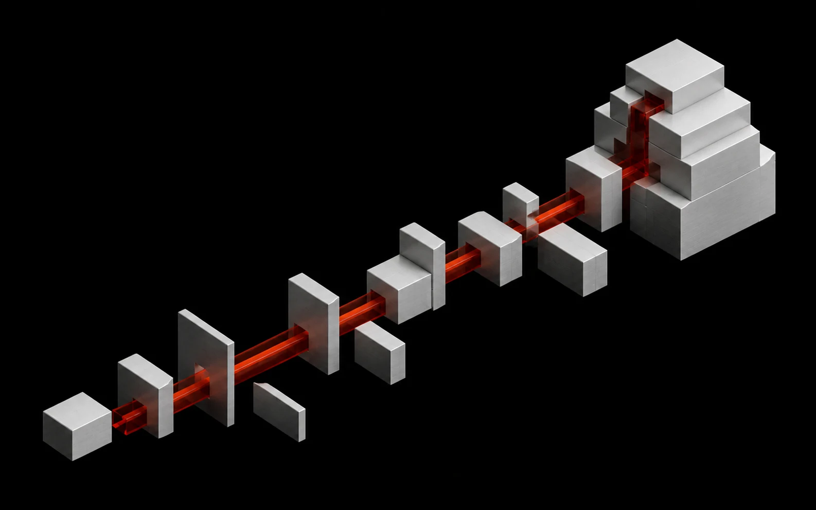 Separated aluminium solids assemble around a vermilion spine into one compact stepped structure.